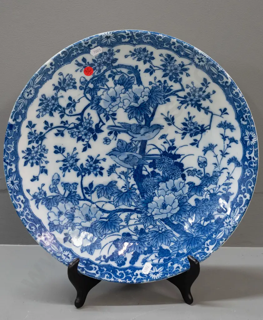 asian large blue and white charger with floral and bird decoration, scrolling motifs to underside H-50 D-370 Image 1++