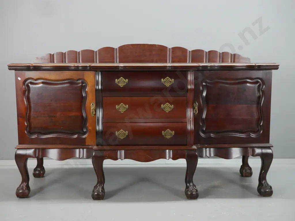 mid-century continental style walnut and fruitwood buffet sideboard with 3 shaped drawers, 2 panelled doors, shaped base Image 1++