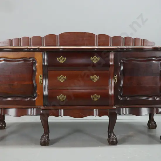 mid-century continental style walnut and fruitwood buffet sideboard with 3 shaped drawers, 2 panelled doors, shaped base