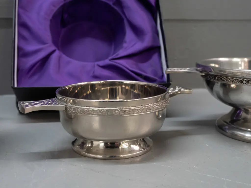 3 Scottish highland style quaiches - one marked Pewter - Made in England, other 2 have no maker's marks, some scratching Image 1++