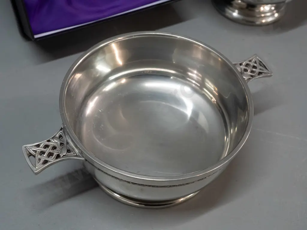 3 Scottish highland style quaiches - one marked Pewter - Made in England, other 2 have no maker's marks, some scratching Image 1++