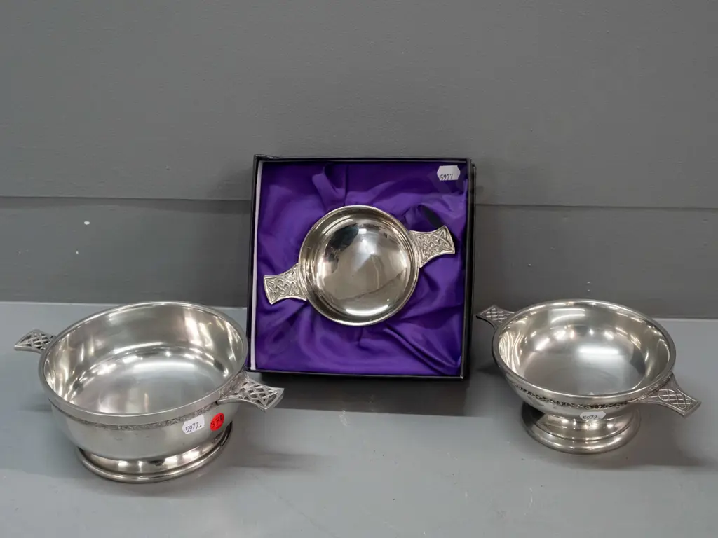 3 Scottish highland style quaiches - one marked Pewter - Made in England, other 2 have no maker's marks, some scratching Image 1++
