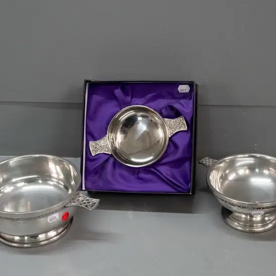 3 Scottish highland style quaiches - one marked Pewter - Made in England, other 2 have no maker's marks, some scratching
