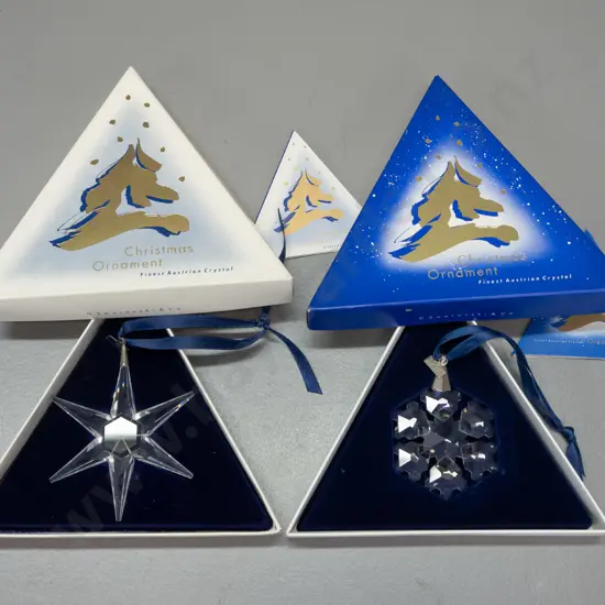 2 boxed Swarovski crystal Christmas snowflake ornaments in original boxes - 1993 and 1994