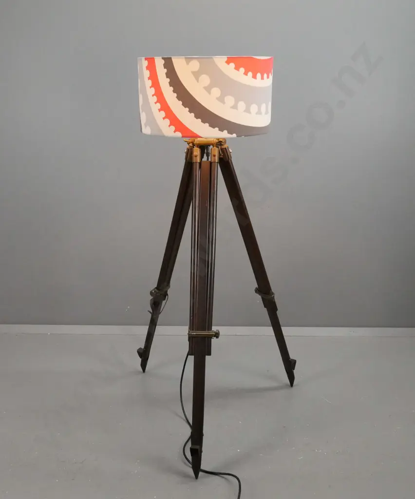 standard lamp made from adjustable industrial style hardwood and metal tripod base with large circular shade, broken Image 1++