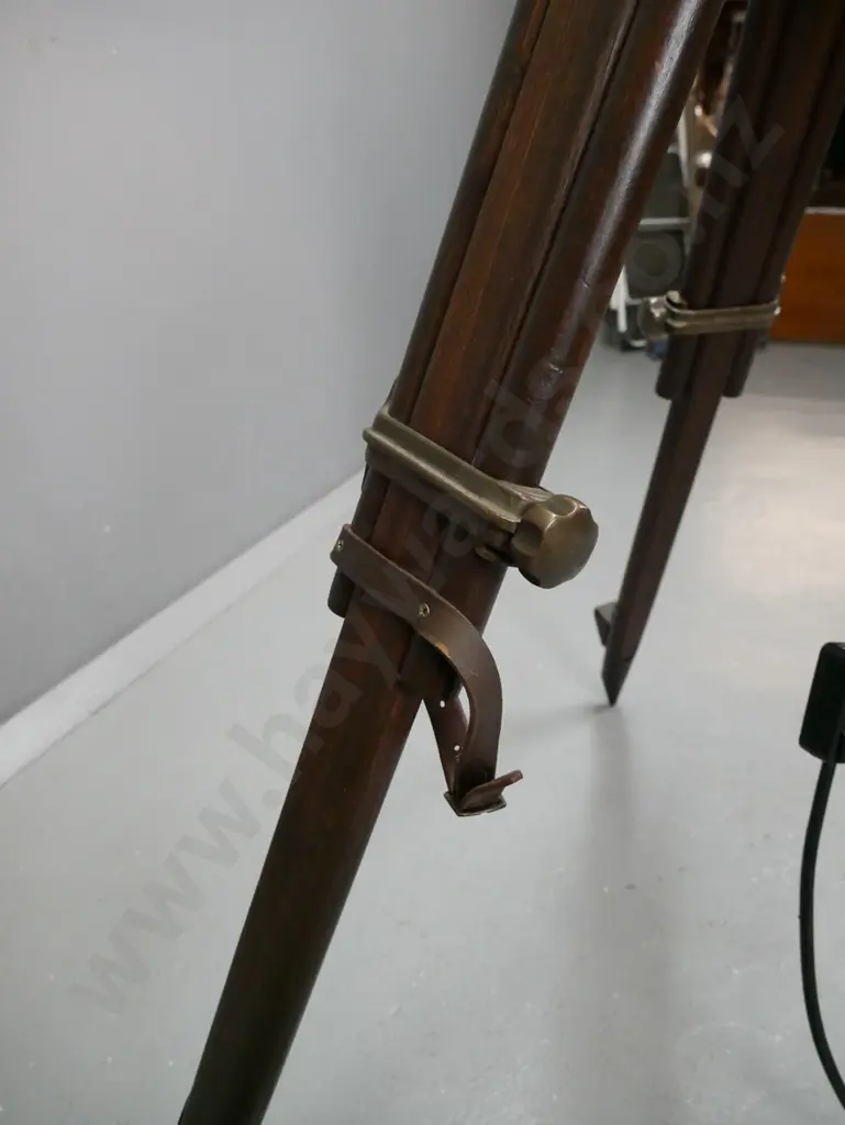 standard lamp made from adjustable industrial style hardwood and metal tripod base with large circular shade, broken Image 1++
