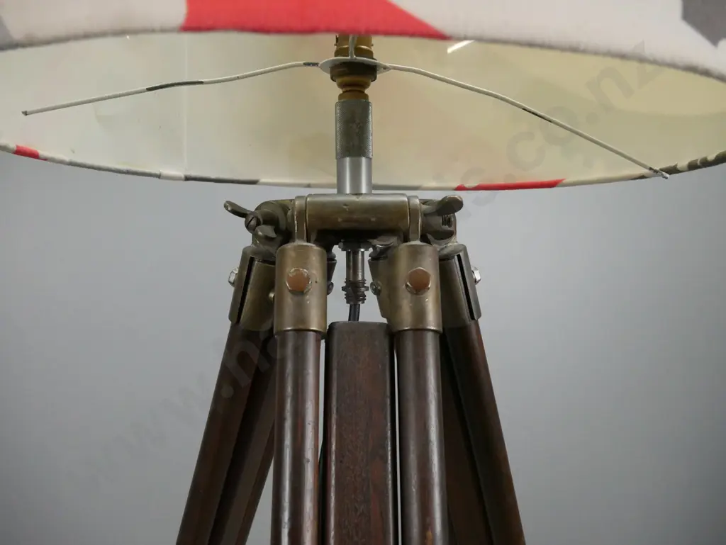 standard lamp made from adjustable industrial style hardwood and metal tripod base with large circular shade, broken Image 1++