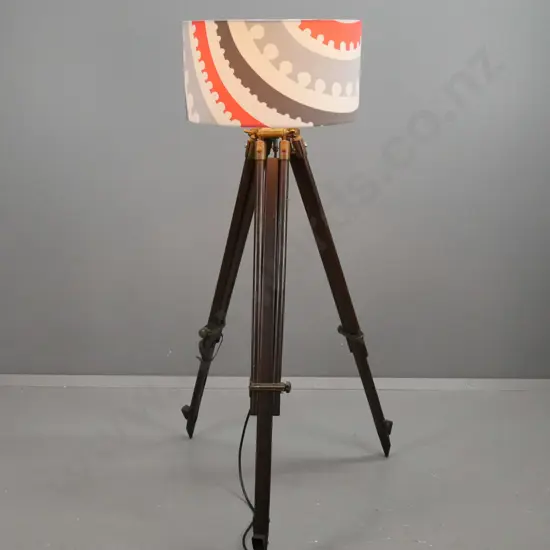 standard lamp made from adjustable industrial style hardwood and metal tripod base with large circular shade, broken