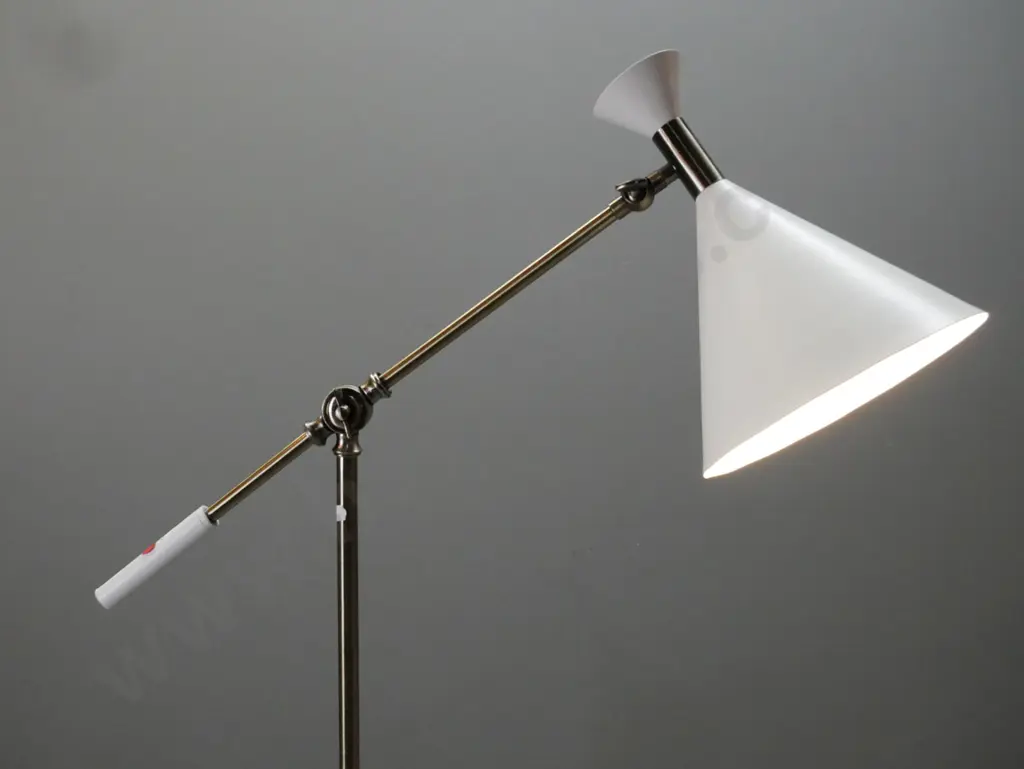 retro style contemporary standard lamp with adjustable arm, brushed metal base, white enamel over spun metal conical Image 1++