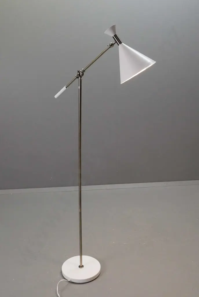 retro style contemporary standard lamp with adjustable arm, brushed metal base, white enamel over spun metal conical Image 1++