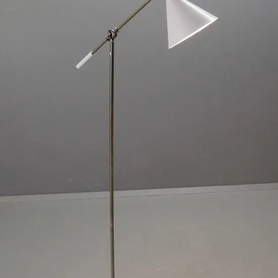 retro style contemporary standard lamp with adjustable arm, brushed metal base, white enamel over spun metal conical