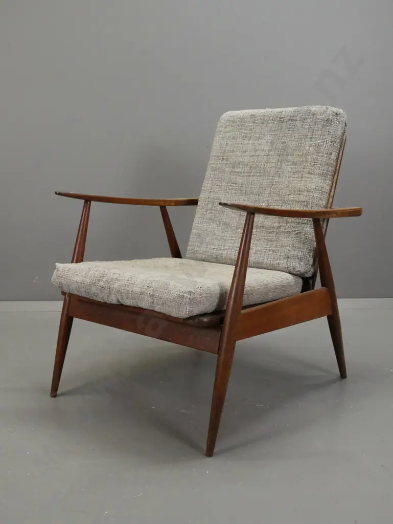restorer's condition retro mahogany open-arm chair with sprung base & loose squabs - staining and fading, upholstery Image 1++