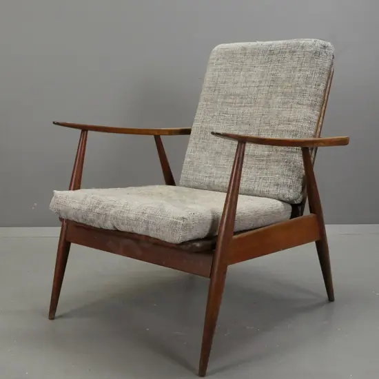 restorer's condition retro mahogany open-arm chair with sprung base & loose squabs - staining and fading, upholstery