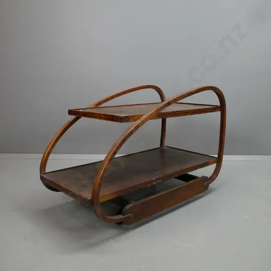 art deco oak sled-shaped bent hoop sided tea trolley on large wheel casters - long bottom shelf has lifting oak laminate