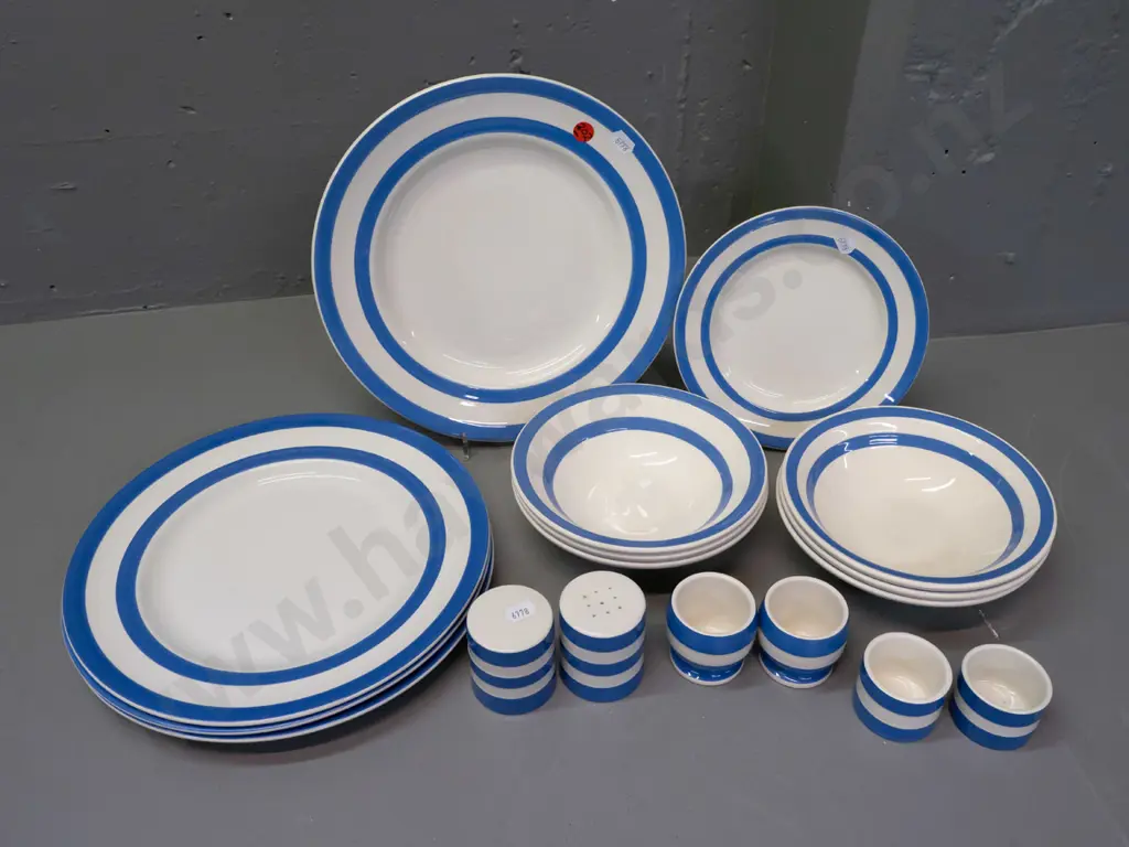 T&G Greene blue and white Cornish ware table ware, varying stamps - 4 dinner plates, 1 side, salt & pepper, 2 egg cups, Image 1++