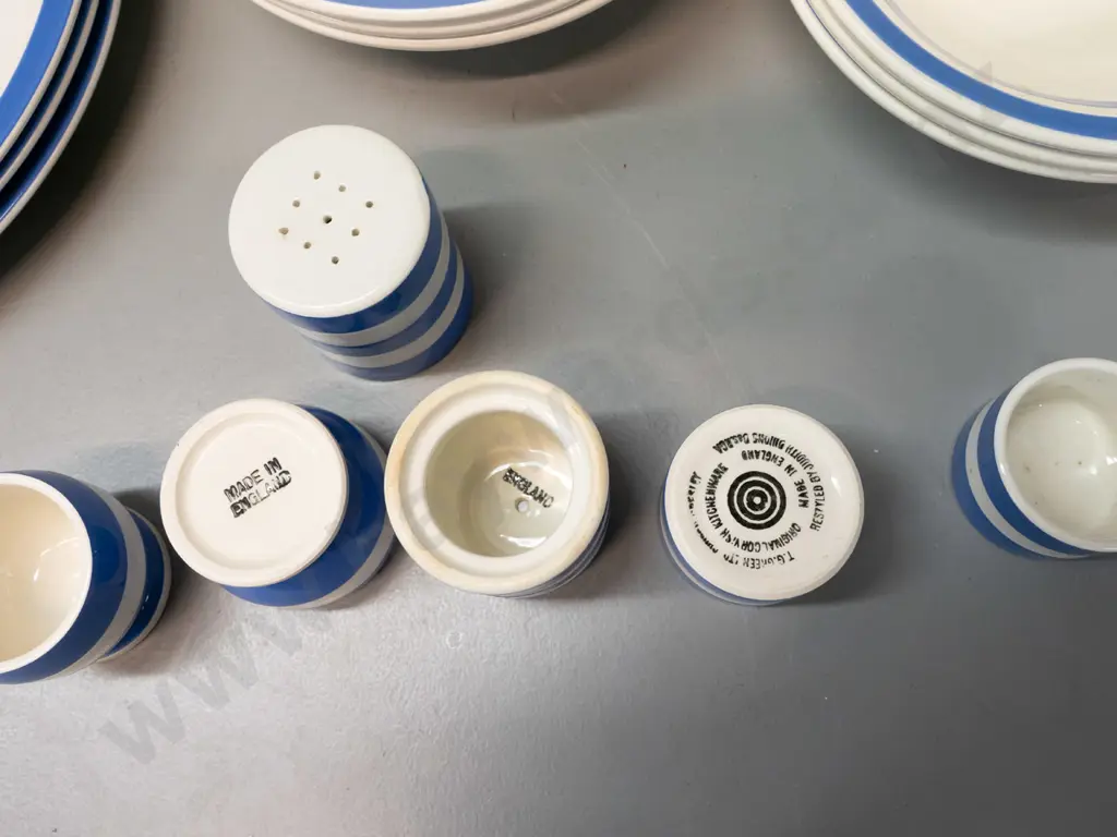T&G Greene blue and white Cornish ware table ware, varying stamps - 4 dinner plates, 1 side, salt & pepper, 2 egg cups, Image 1++