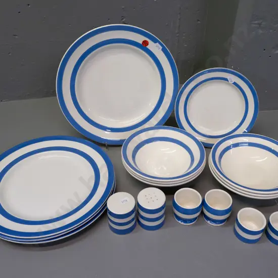 T&G Greene blue and white Cornish ware table ware, varying stamps - 4 dinner plates, 1 side, salt & pepper, 2 egg cups,