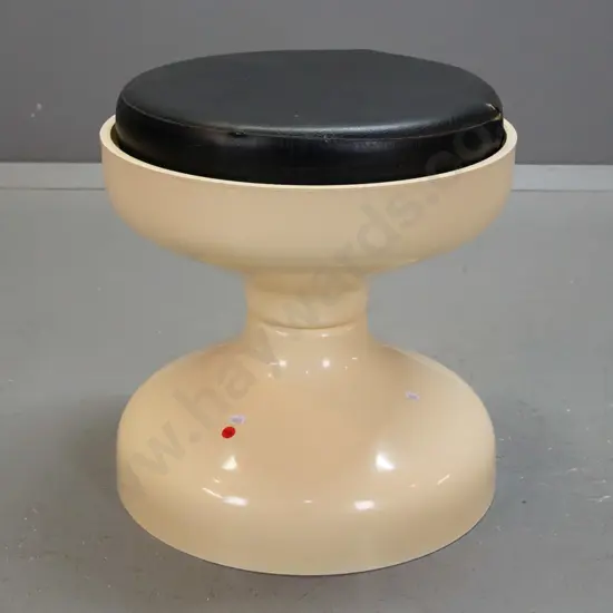 retro ivory plastic stool with black vinyl inset cushion - wear and splits to cushion H-430 D-400