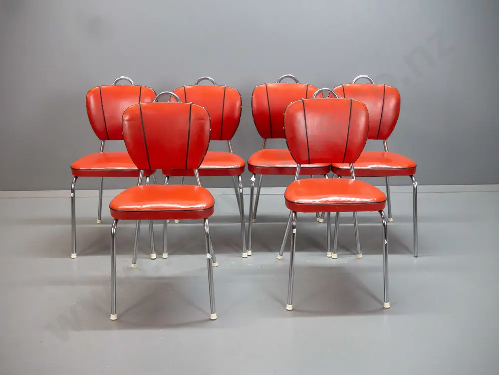 retro mid-century red formica table with chrome v-shaped legs, 6 vinyl and chrome chairs with black piping and studded Image 1++