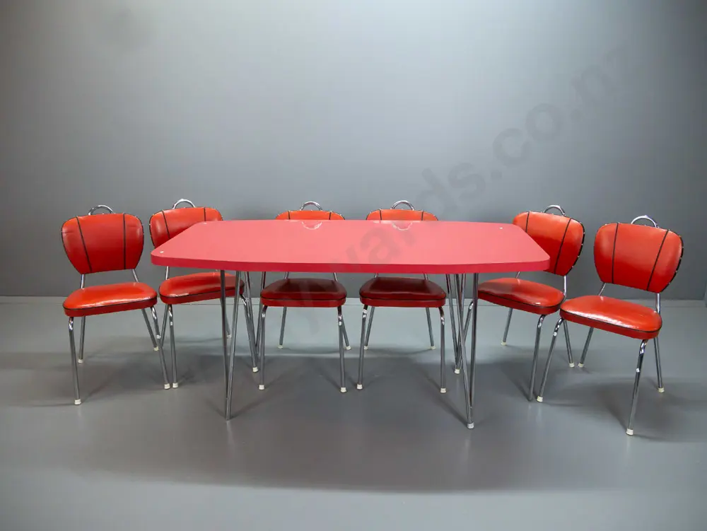 retro mid-century red formica table with chrome v-shaped legs, 6 vinyl and chrome chairs with black piping and studded Image 1++