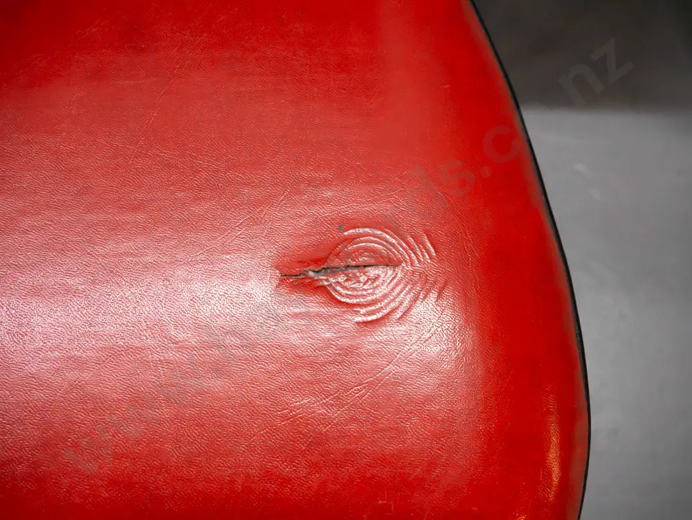 retro mid-century red formica table with chrome v-shaped legs, 6 vinyl and chrome chairs with black piping and studded Image 1++