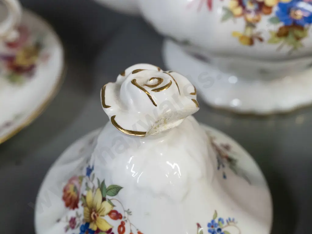 Hammersley floral and gilt coffee set with coffee pot, 6 cups & saucers, cream & sugar - large chip to finial on coffee Image 1++