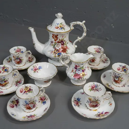 Hammersley floral and gilt coffee set with coffee pot, 6 cups & saucers, cream & sugar - large chip to finial on coffee
