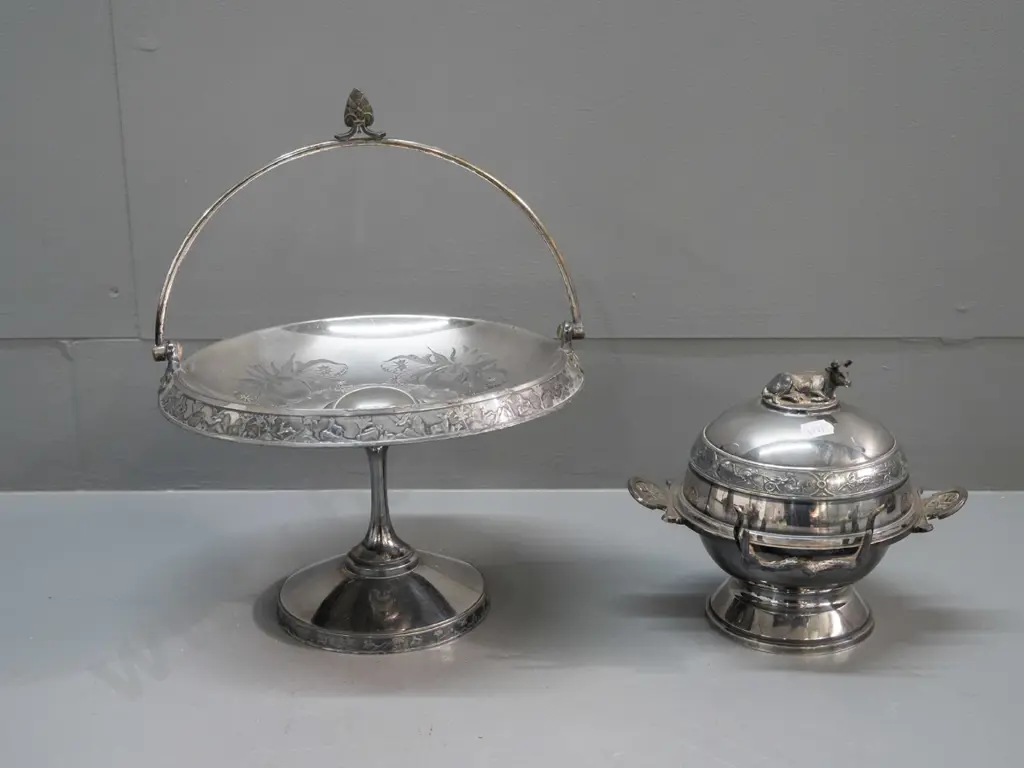 2 vintage plated ware items - comport with handle and a lidded comport sugar dish with tong holder, cow finial to lid. Image 1++