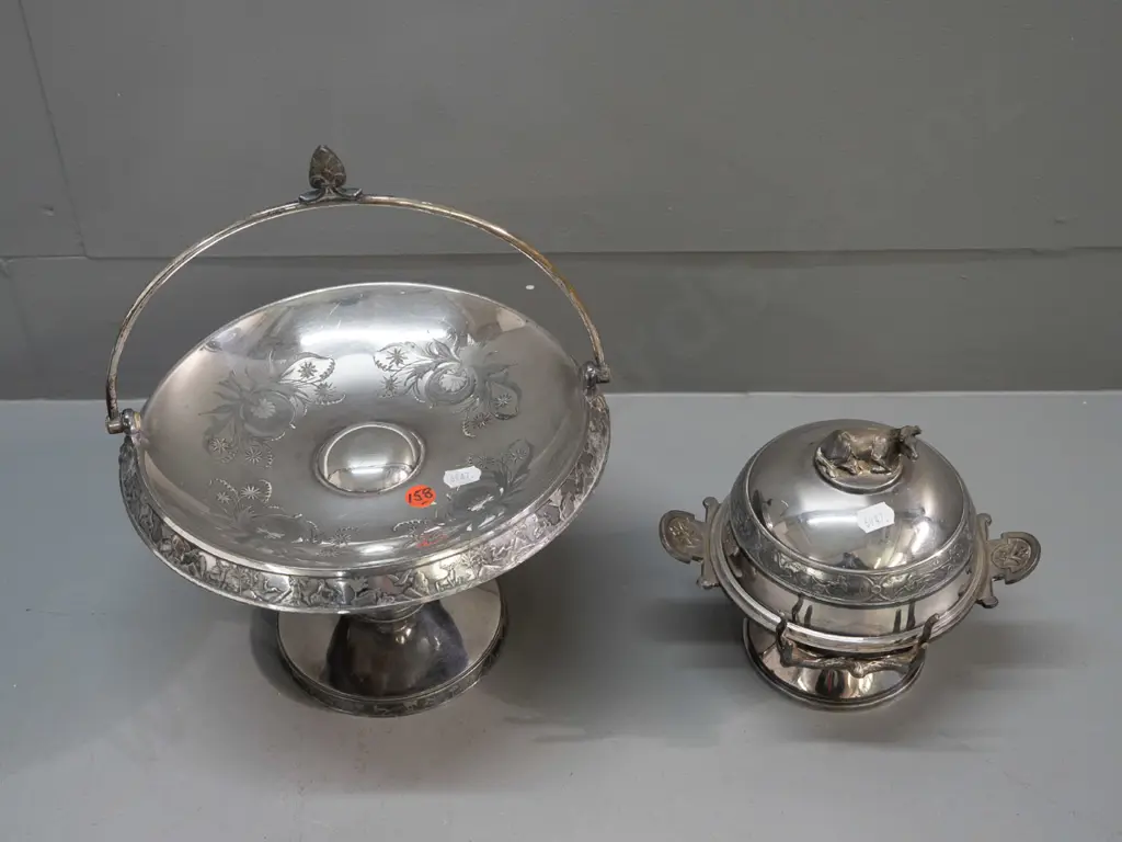 2 vintage plated ware items - comport with handle and a lidded comport sugar dish with tong holder, cow finial to lid. Image 1++