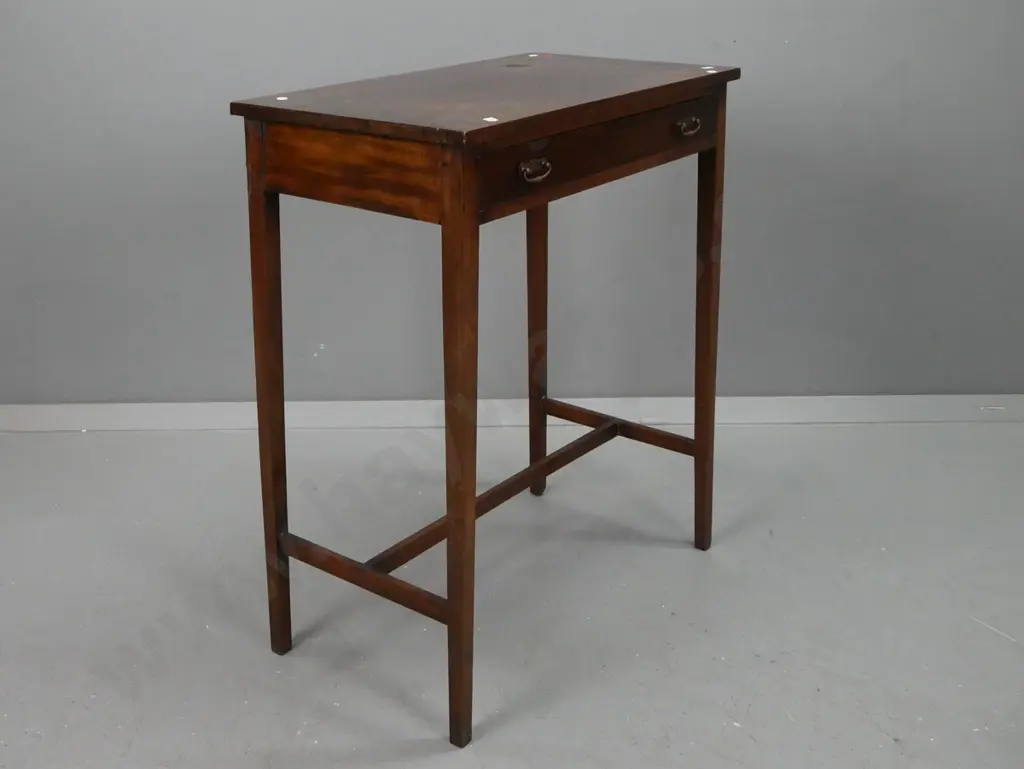 Victorian mahogany side table with square tapered legs and stretcher base, brass pierced-back handles. Repair to drawer Image 1++