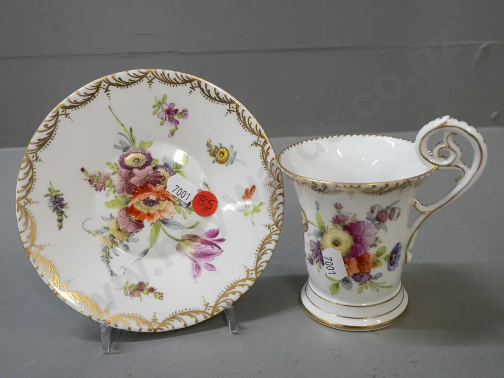 3 vintage floral hand painted china items - Davenport vase H-130 and Dresden cup & plate Image 1++