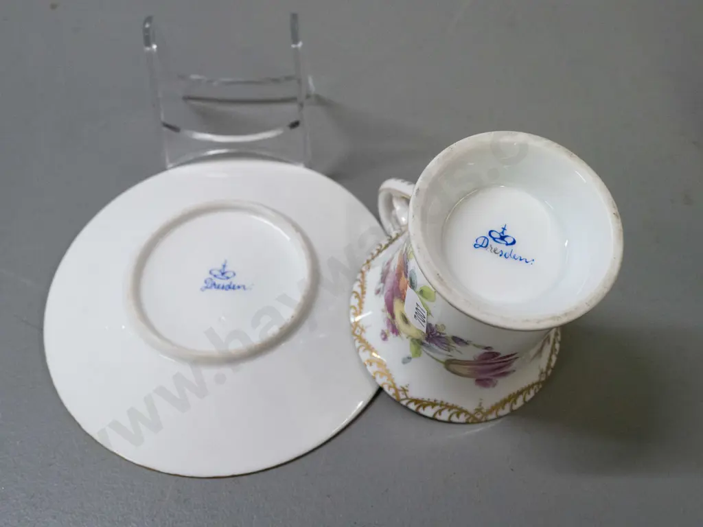 3 vintage floral hand painted china items - Davenport vase H-130 and Dresden cup & plate Image 1++