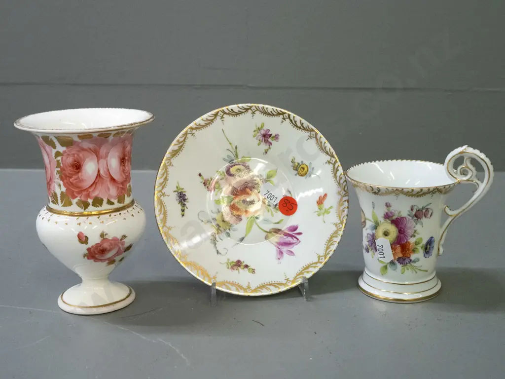 3 vintage floral hand painted china items - Davenport vase H-130 and Dresden cup & plate Image 1++