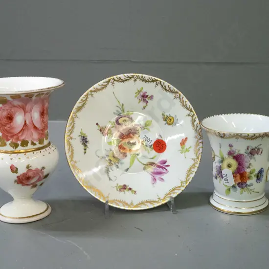 3 vintage floral hand painted china items - Davenport vase H-130 and Dresden cup & plate