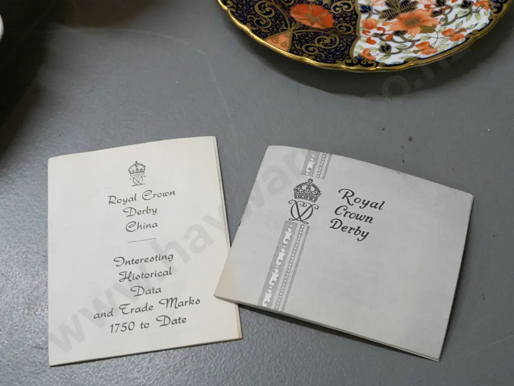5 Royal Crown Derby items in varying imari patterns - single handled dish, saucer, jug and 2 bowls, plus a few pamphlets Image 1++