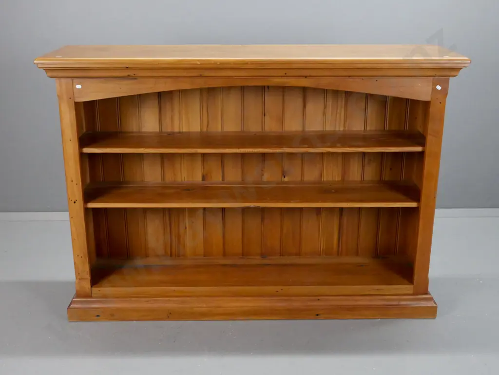 recycled rimu and matai bookcase with 2 adjustable shelves on shaped plinth base, T&G back - some staining H-1030 W-1490 Image 1++