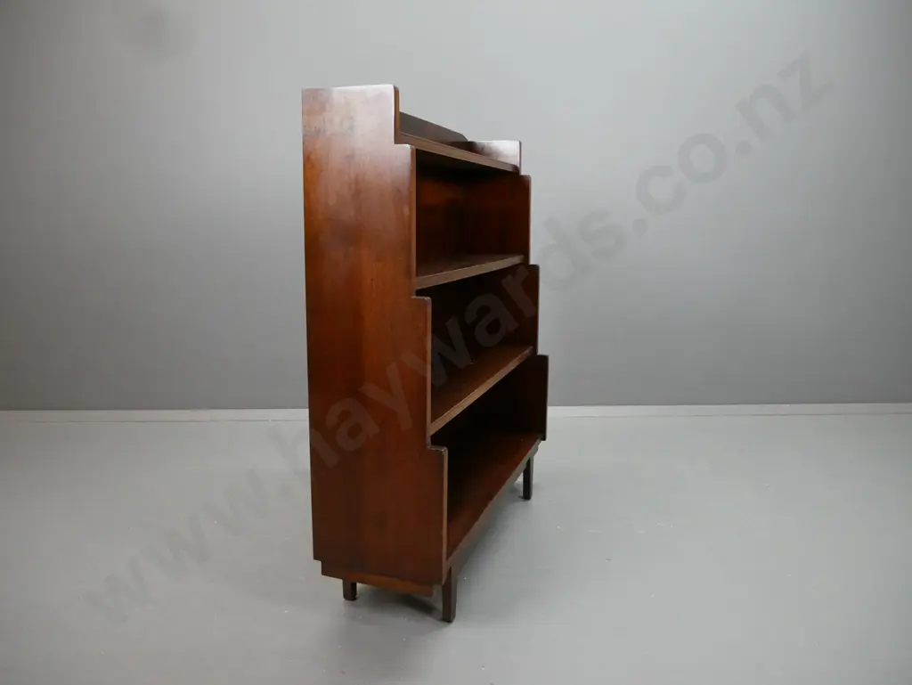 vintage dark stained mahogany stepped front bookcase on square tapered legs - some chipping / wear to surface H-1080 Image 1++
