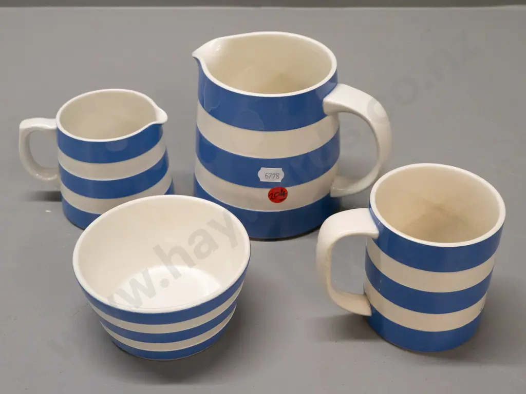 4 pieces T&G Greene blue and white Cornish ware, varying marks - large and small jug, sugar bowl, coffee mug Image 1++