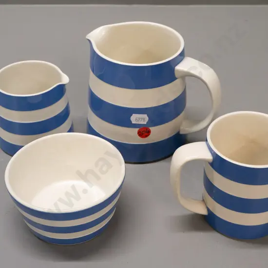 4 pieces T&G Greene blue and white Cornish ware, varying marks - large and small jug, sugar bowl, coffee mug