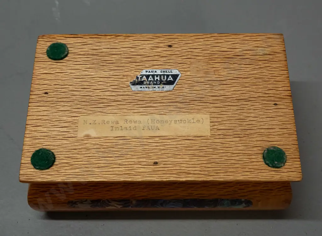 rewa rewa lidded box with inlaid paua lozenges on sides with Ataahua NZ label on base - minor staining inside, corner Image 1++