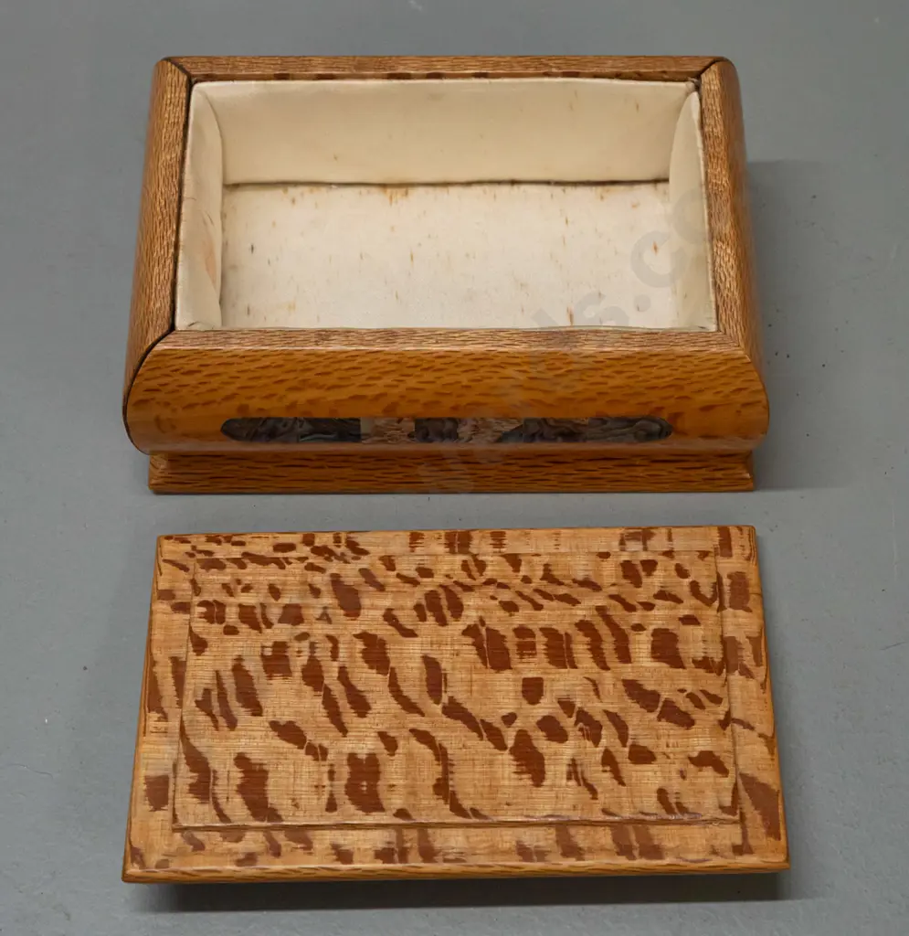 rewa rewa lidded box with inlaid paua lozenges on sides with Ataahua NZ label on base - minor staining inside, corner Image 1++