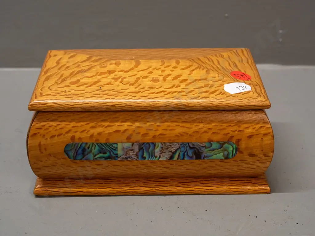rewa rewa lidded box with inlaid paua lozenges on sides with Ataahua NZ label on base - minor staining inside, corner Image 1++