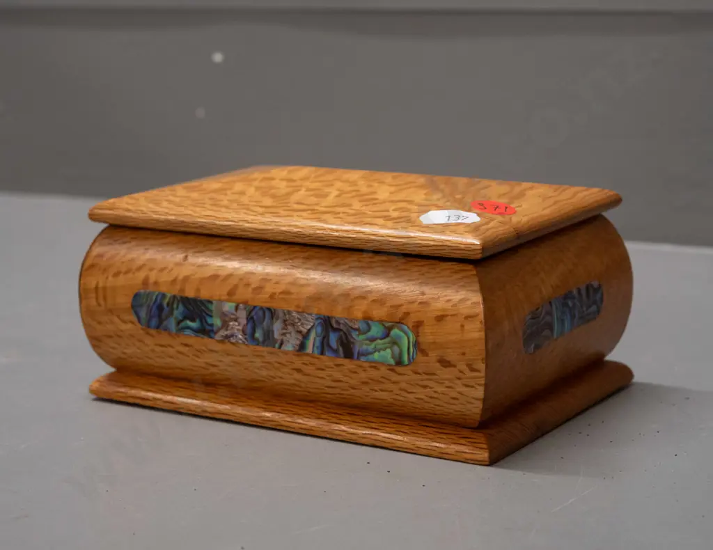 rewa rewa lidded box with inlaid paua lozenges on sides with Ataahua NZ label on base - minor staining inside, corner Image 1++