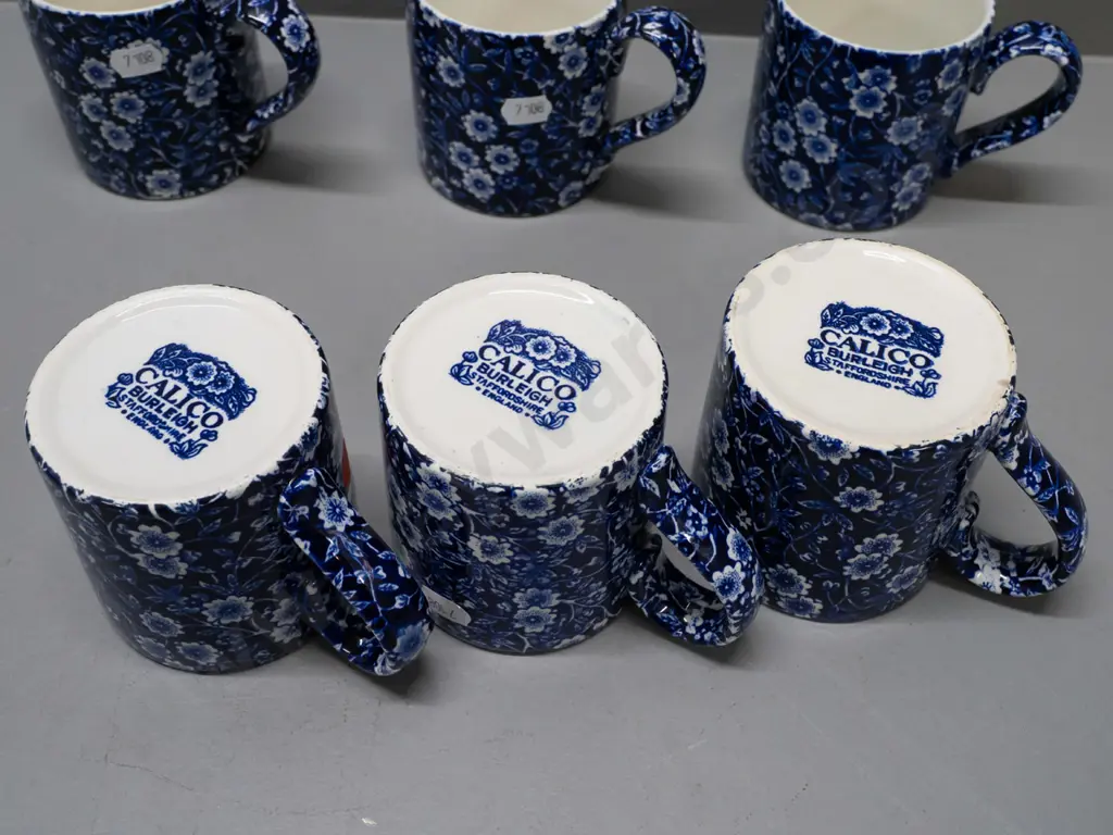 6 Burleigh Calico cobalt blue mugs H-85 - one with crack, 2 with some crazing Image 1++