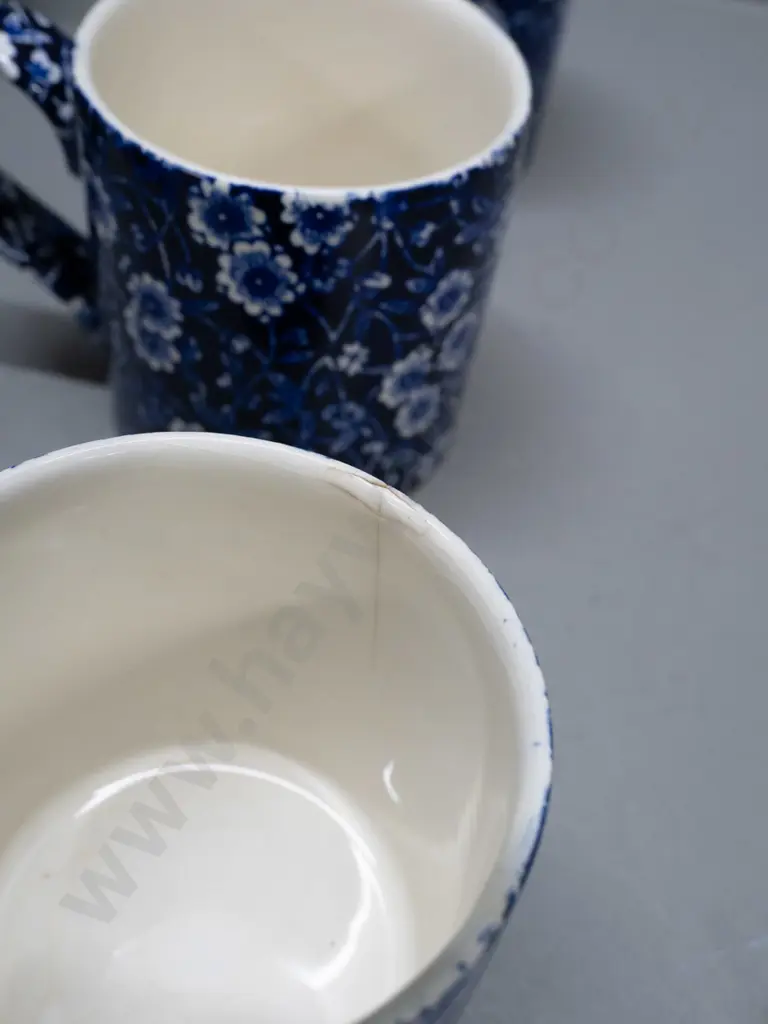 6 Burleigh Calico cobalt blue mugs H-85 - one with crack, 2 with some crazing Image 1++