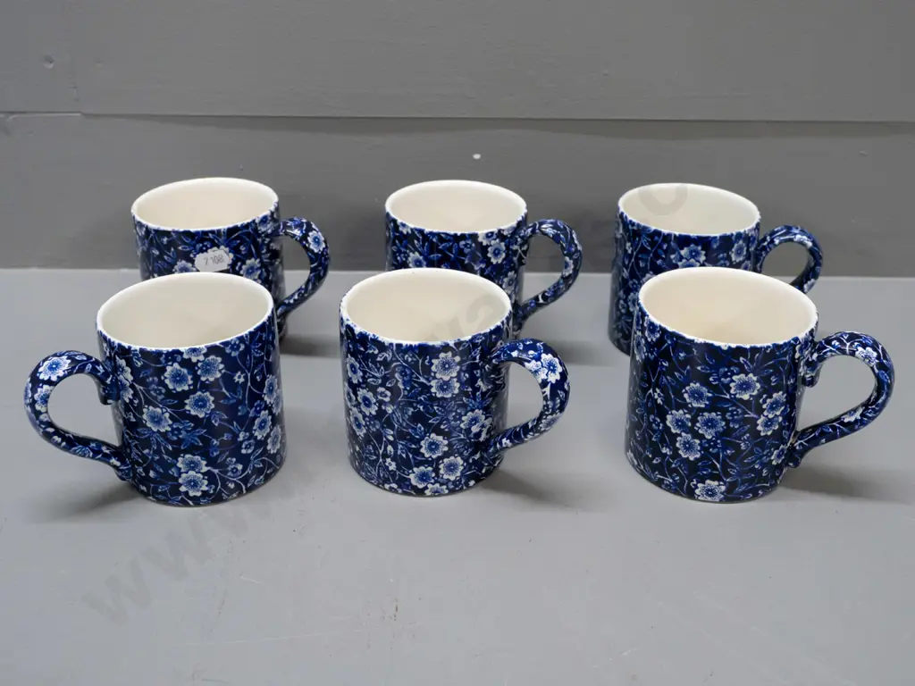 6 Burleigh Calico cobalt blue mugs H-85 - one with crack, 2 with some crazing Image 1++