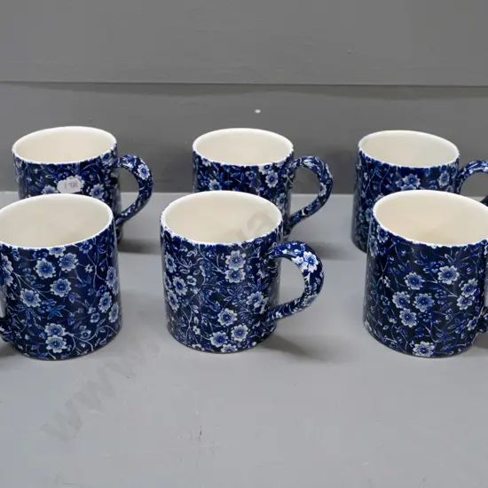 6 Burleigh Calico cobalt blue mugs H-85 - one with crack, 2 with some crazing