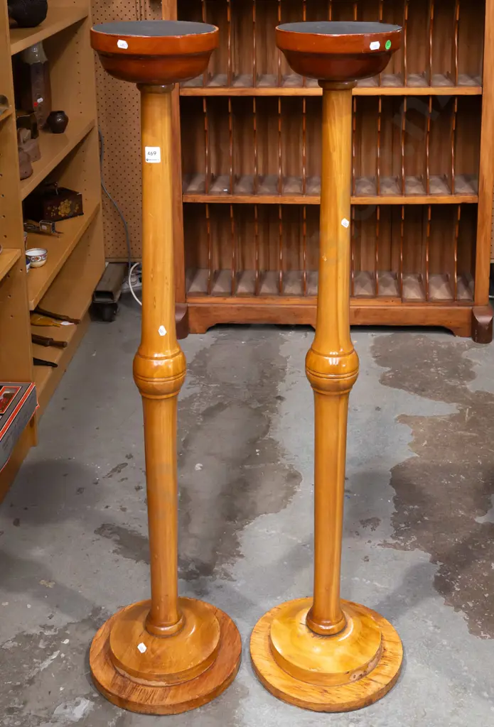 pair of rimu jardiniere stands / torchieres. H-1130. Some water staining around bases. Image 1++