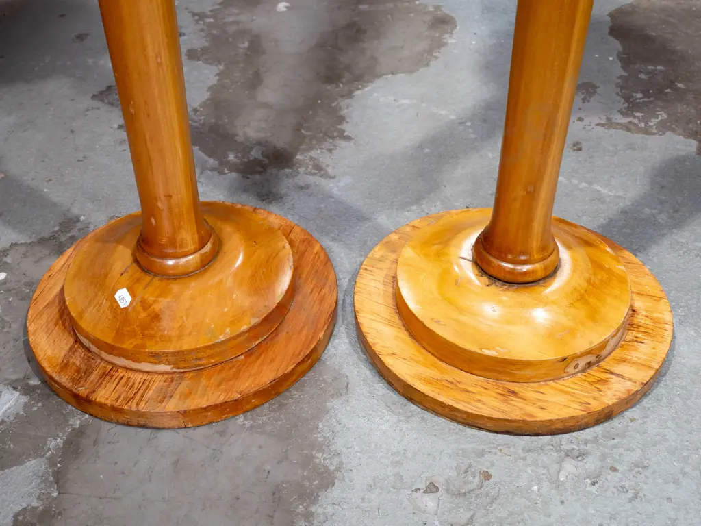 pair of rimu jardiniere stands / torchieres. H-1130. Some water staining around bases. Image 1++