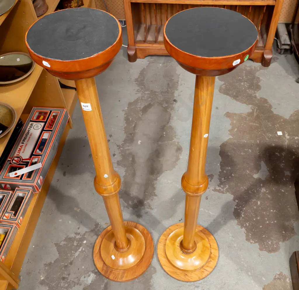 pair of rimu jardiniere stands / torchieres. H-1130. Some water staining around bases. Image 1++